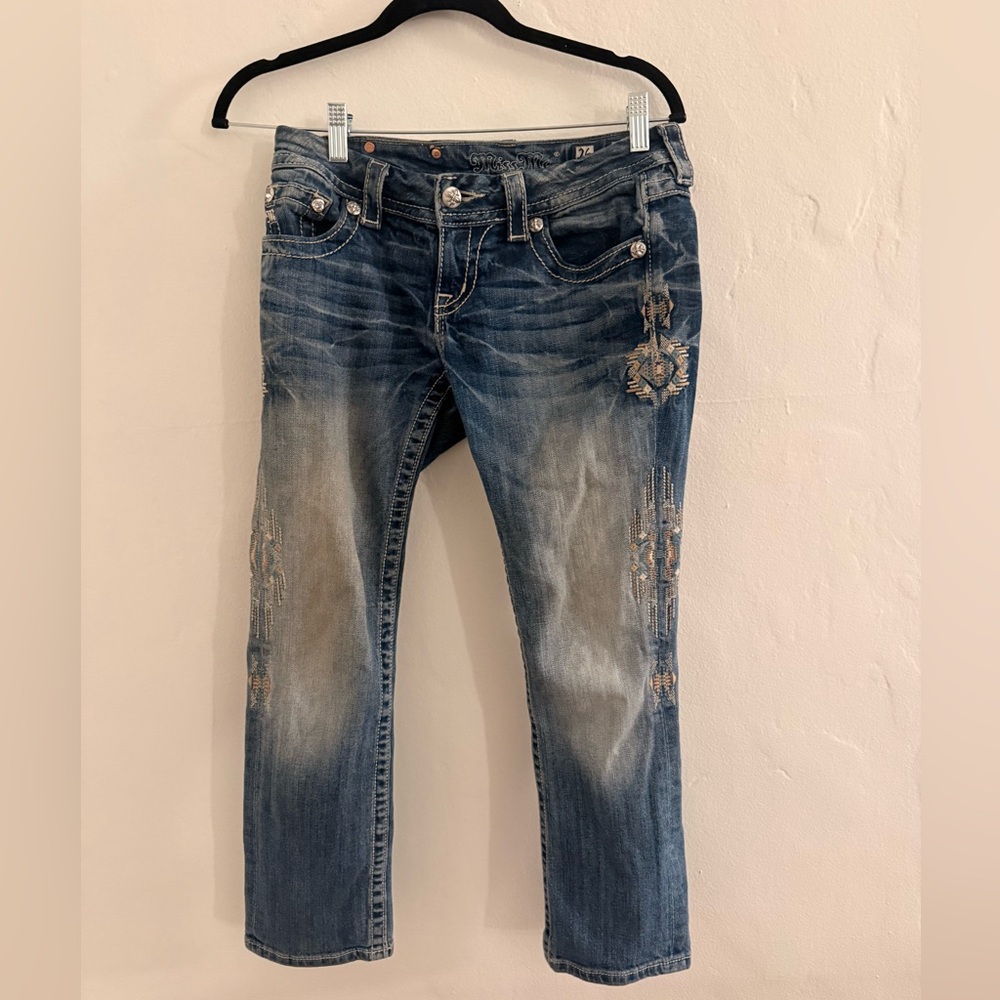 Miss Me Blue Embroidered Ankle Crop Jeans